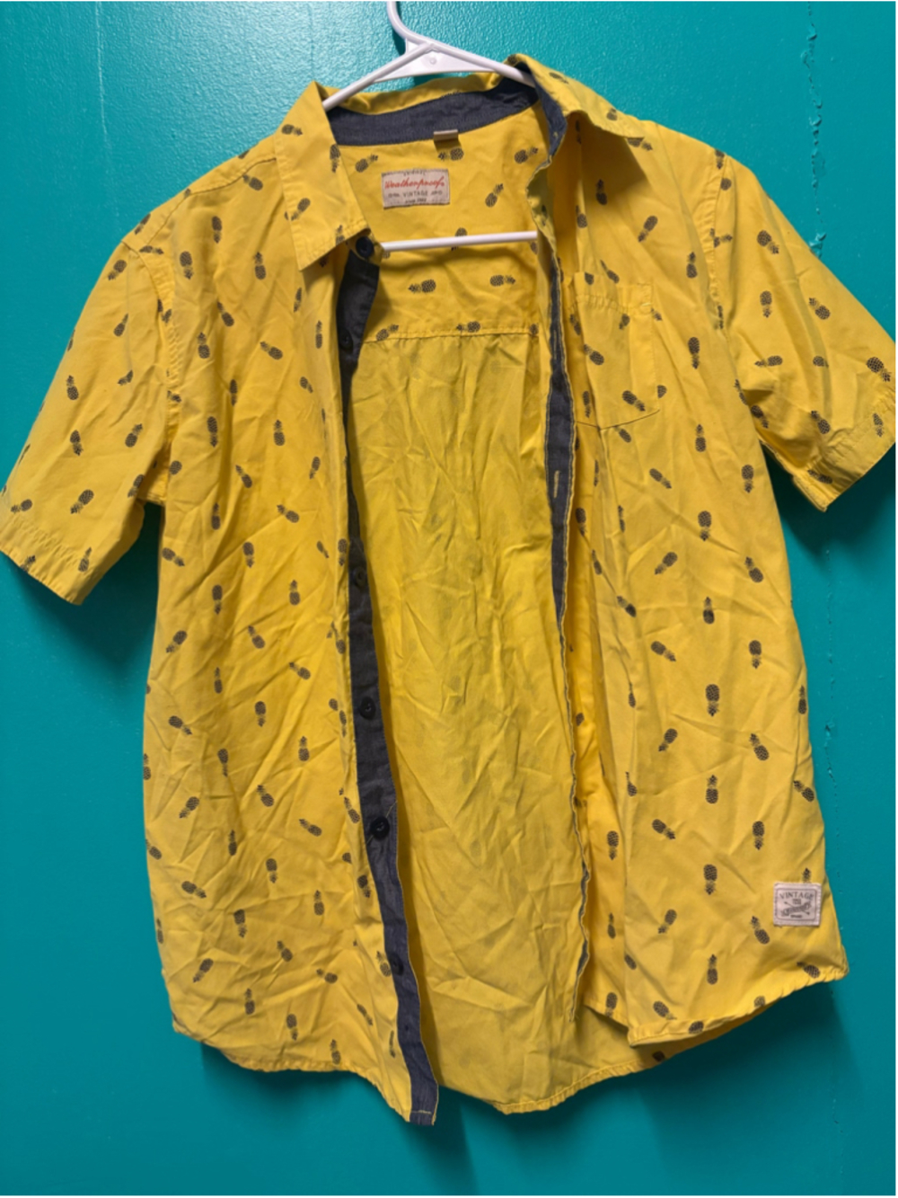 Boys Weatherproof Pineapple Print Button Down Shirt Yellow Size L